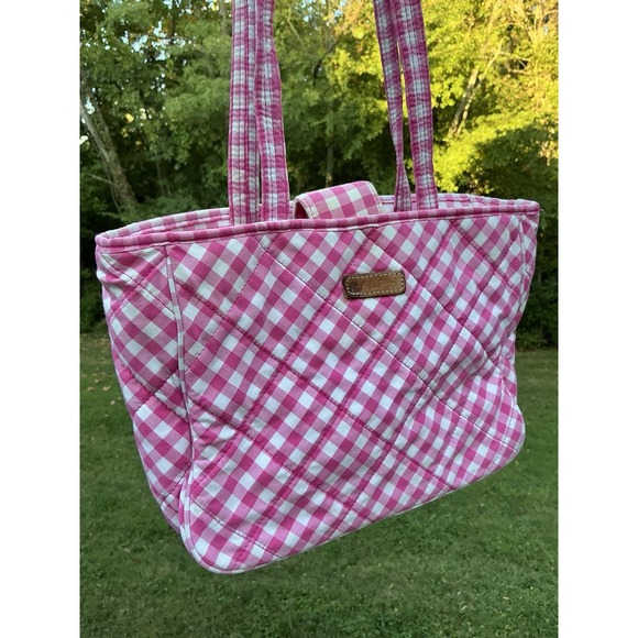 Ralph Lauren Gingham Quilted Small Tote Shoulder Bag Purse Pink Checkered - Picture 1 of 8